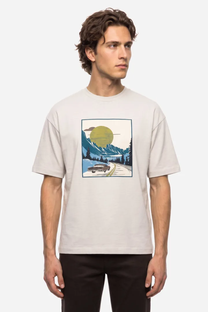 Erkek Baskılı Oversize Bisiklet Yaka T-Shirt
