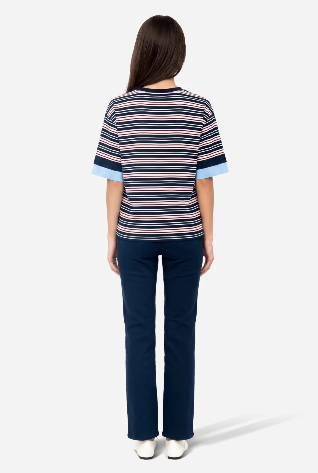 Kadın Çizgili Loose Fit Bisikelt Yaka T-Shirt
