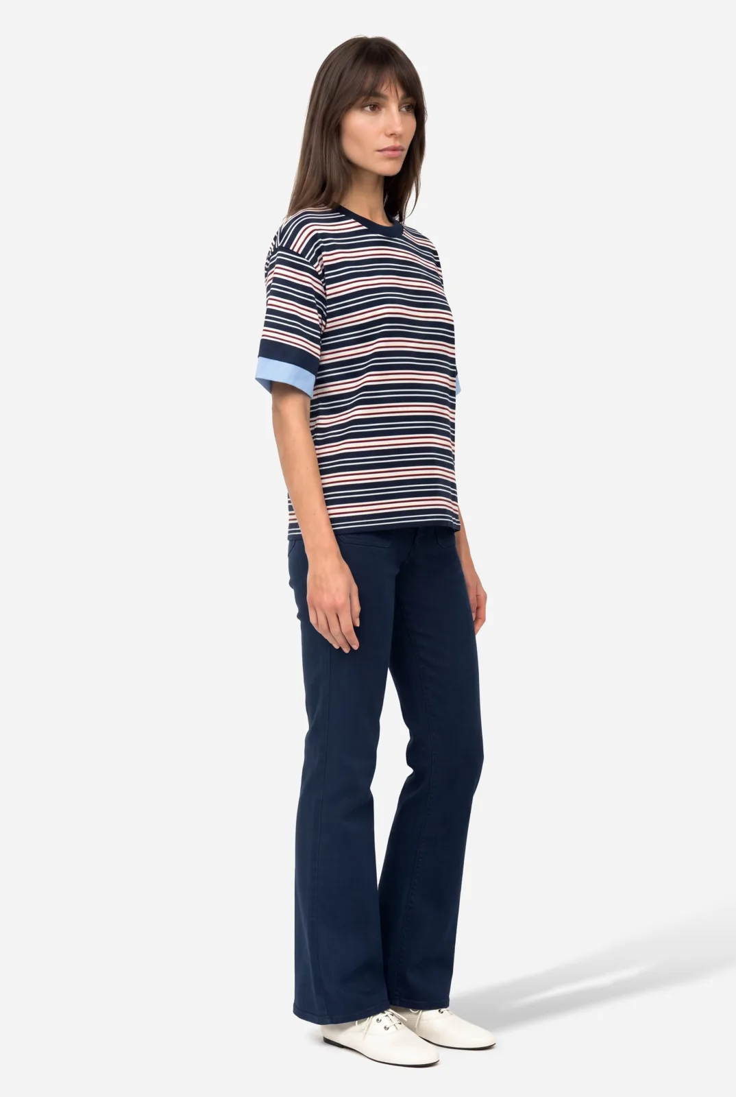 Kadın Çizgili Loose Fit Bisikelt Yaka T-Shirt