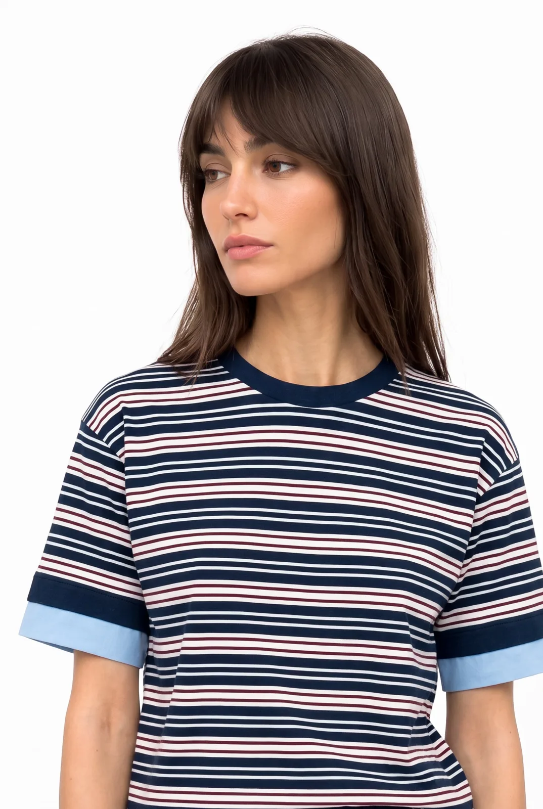 Kadın Çizgili Loose Fit Bisikelt Yaka T-Shirt