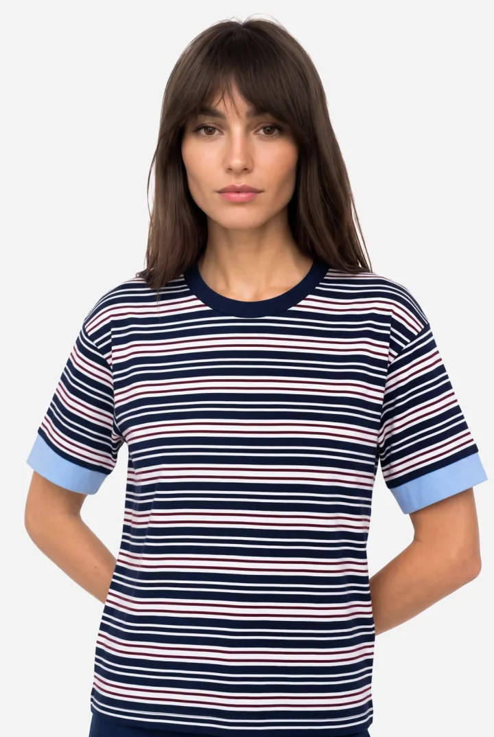 Kadın Çizgili Loose Fit Bisiklet Yaka T-Shirt