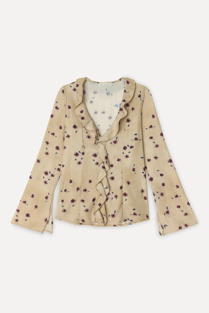 Kadın Fırfırlı Fitted V Yaka Desenli Bluz