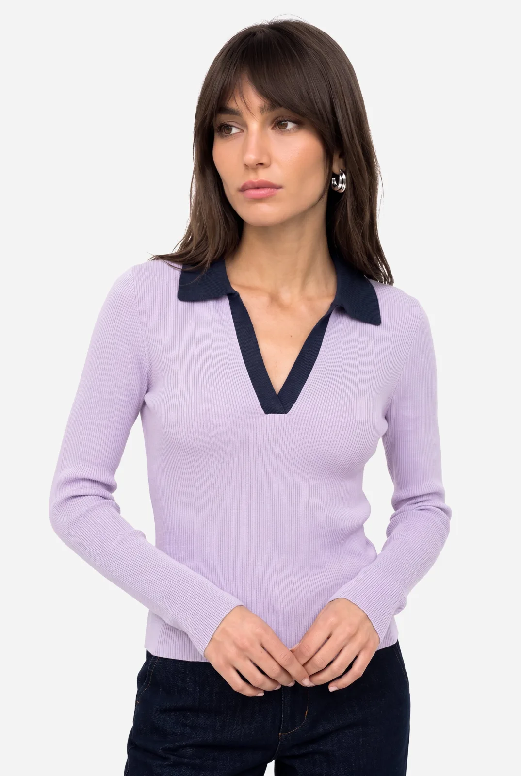 Kadın Fitted Polo Yaka Uzun Kollu Bluz